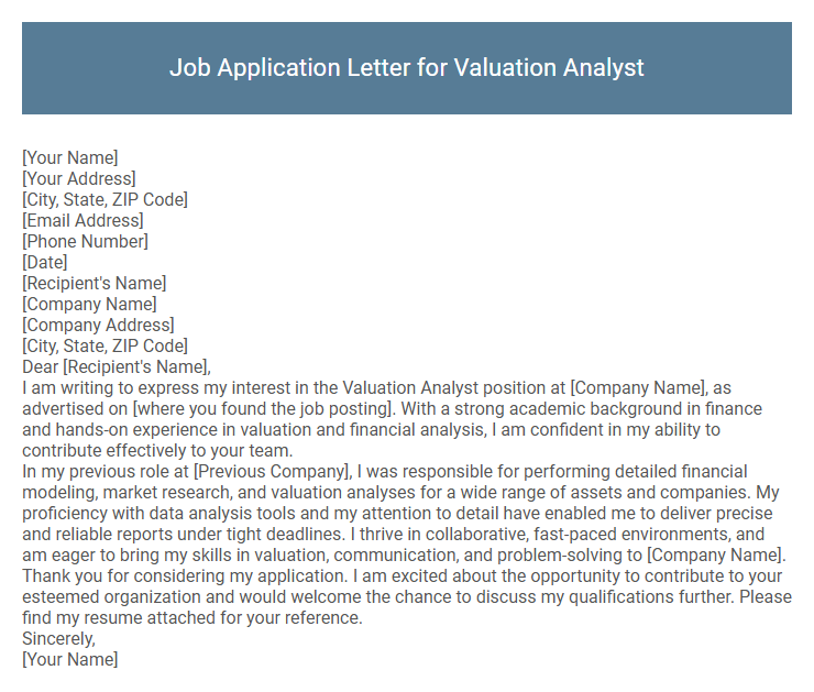 Job Application Letter for Valuation Analyst