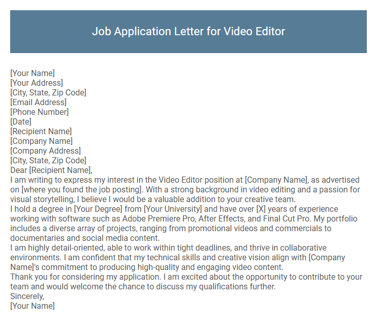 Job Application Letter for Video Editor