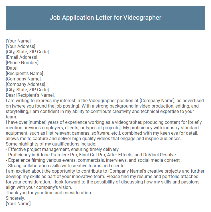 Job Application Letter for Videographer