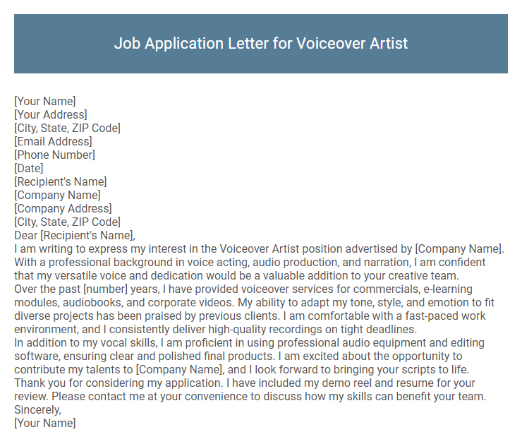 Job Application Letter for Voiceover Artist