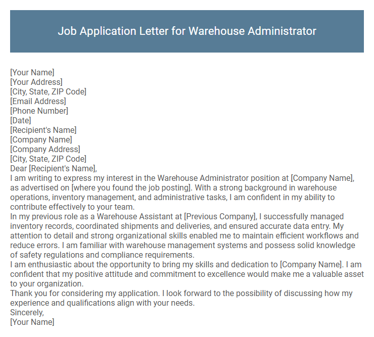 Job Application Letter for Warehouse Administrator