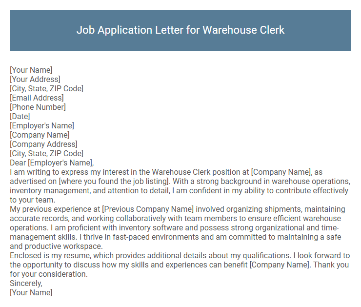 Job Application Letter for Warehouse Clerk