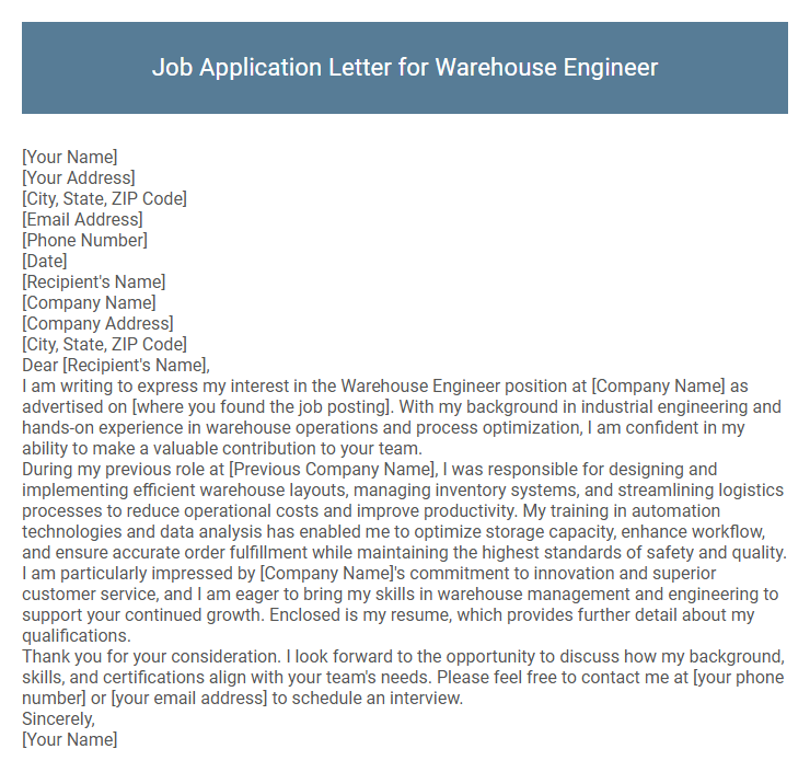 Job Application Letter for Warehouse Engineer