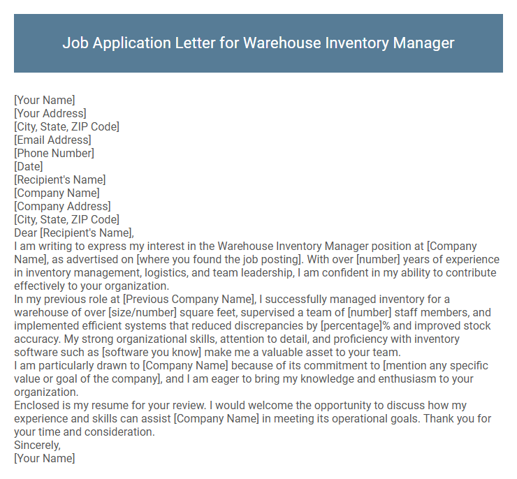 Job Application Letter for Warehouse Inventory Manager