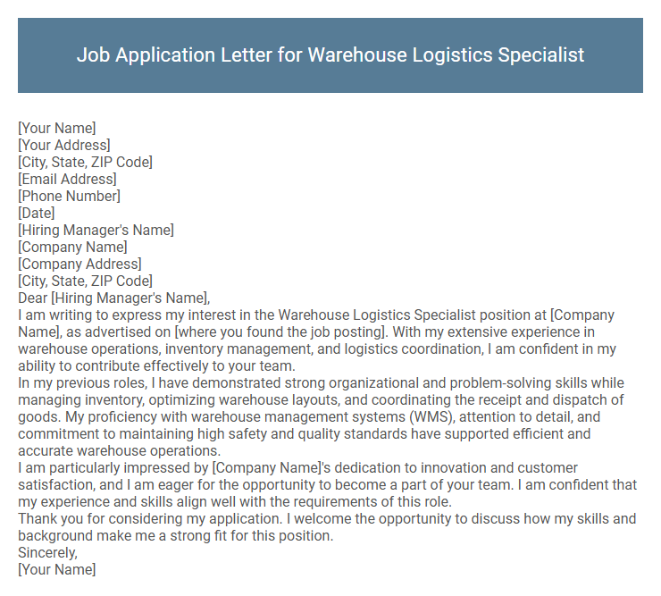 Job Application Letter for Warehouse Logistics Specialist