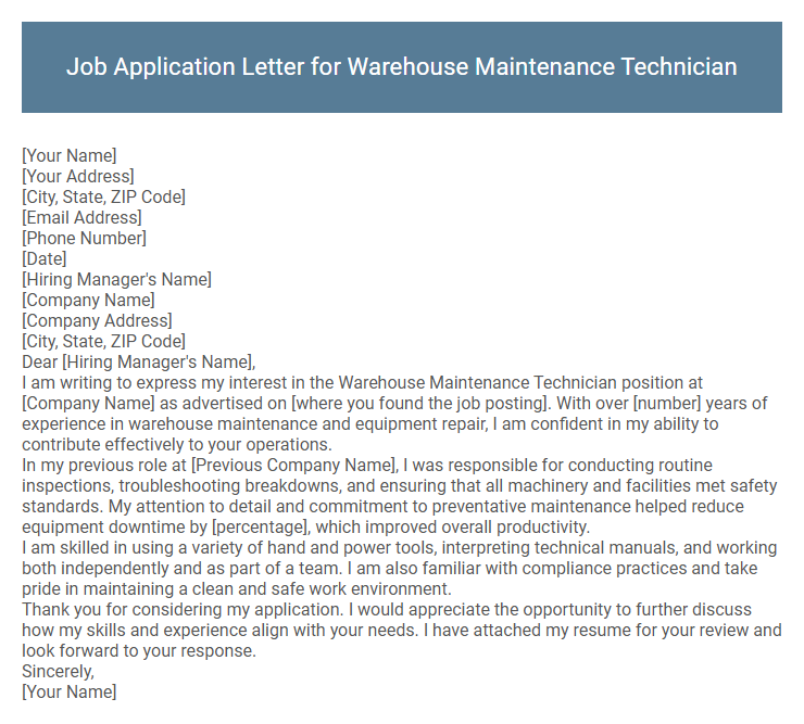 Job Application Letter for Warehouse Maintenance Technician