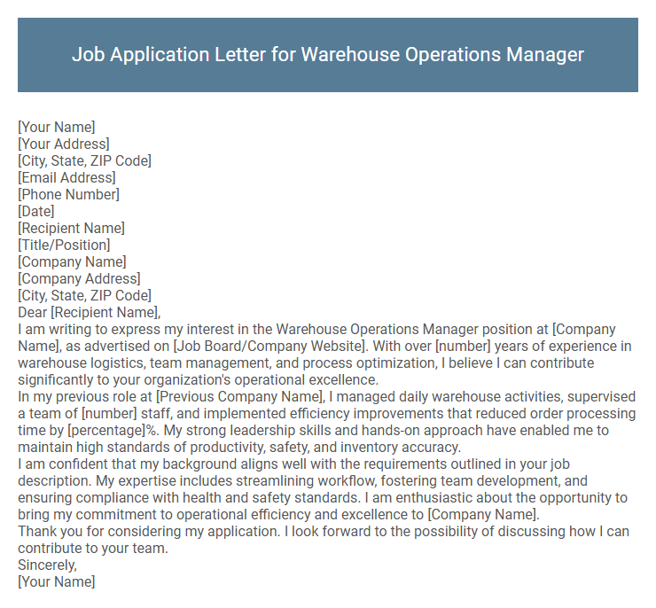 Job Application Letter for Warehouse Operations Manager