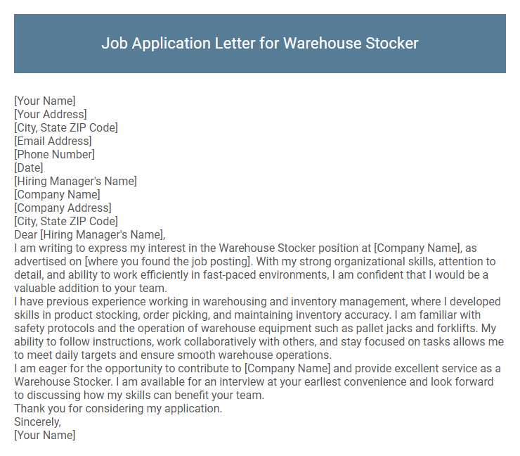Job Application Letter for Warehouse Stocker