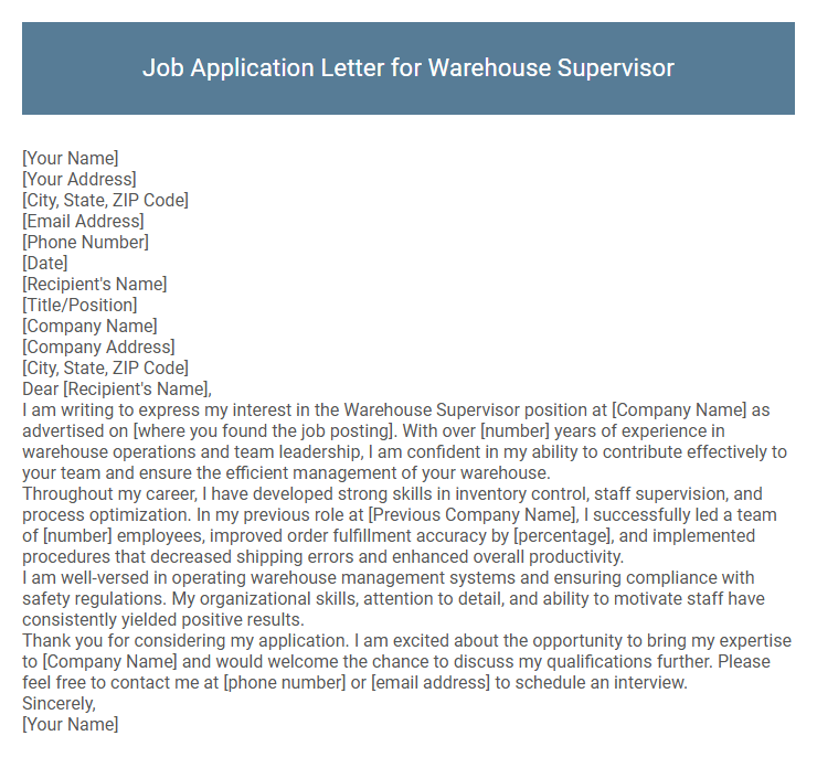 Job Application Letter for Warehouse Supervisor