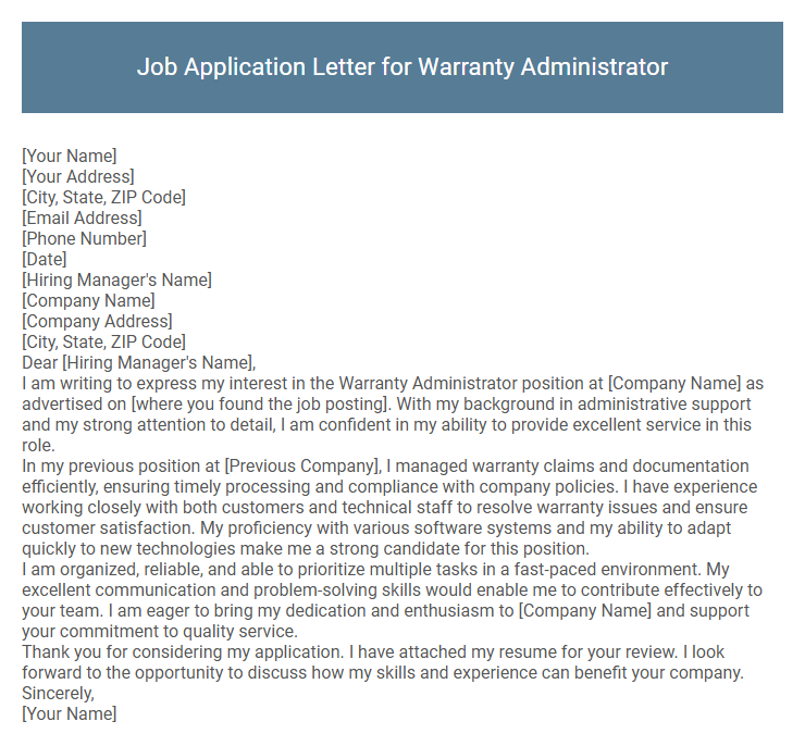 Job Application Letter for Warranty Administrator