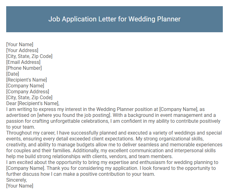 Job Application Letter for Wedding Planner
