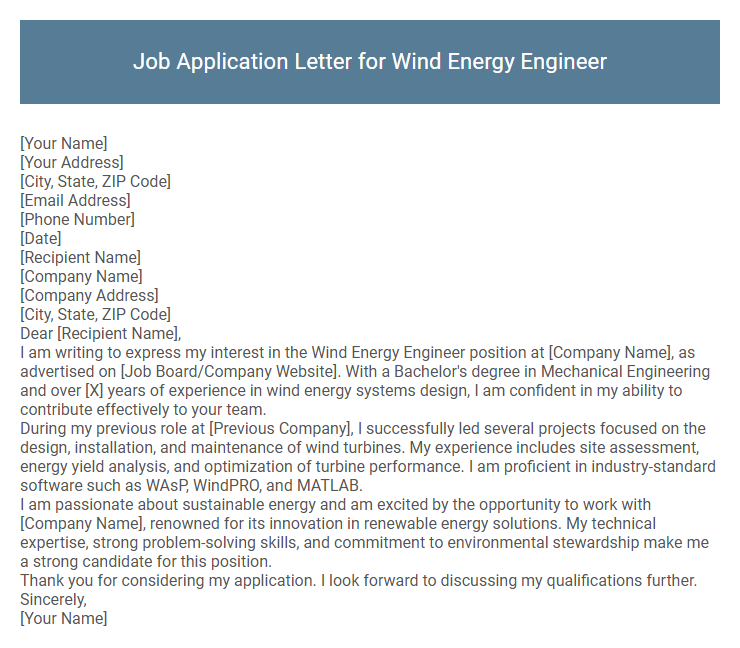 Job Application Letter for Wind Energy Engineer