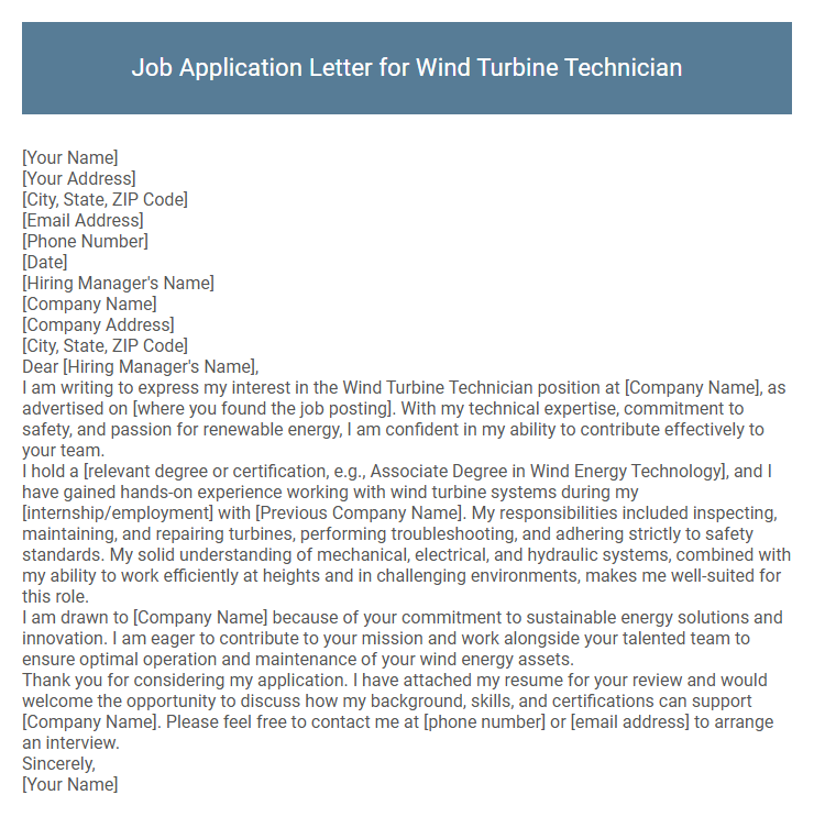 Job Application Letter for Wind Turbine Technician