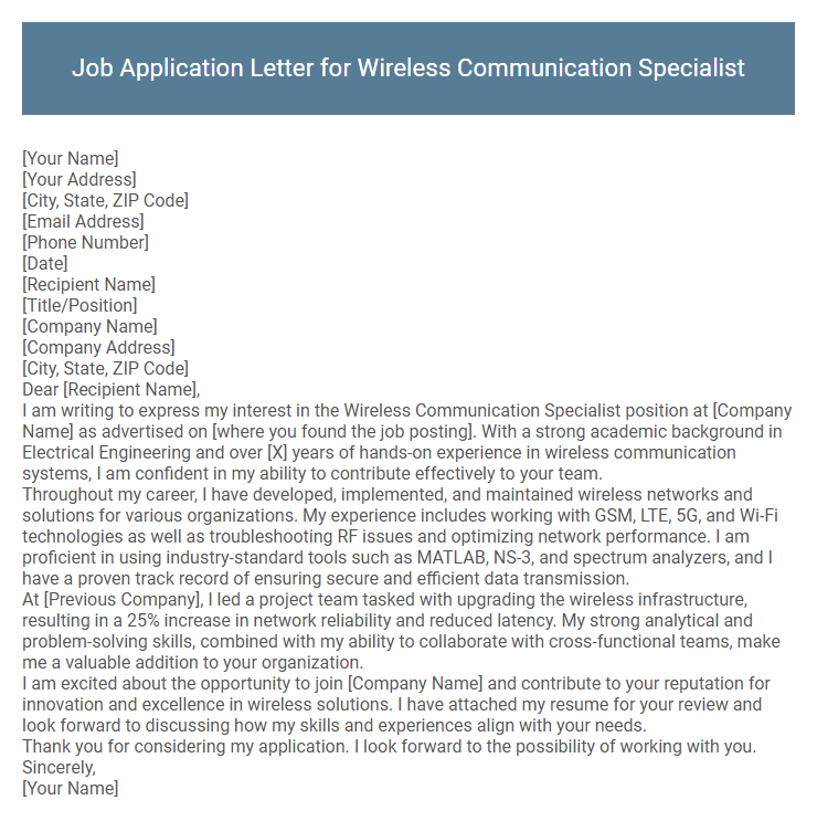 Job Application Letter for Wireless Communication Specialist
