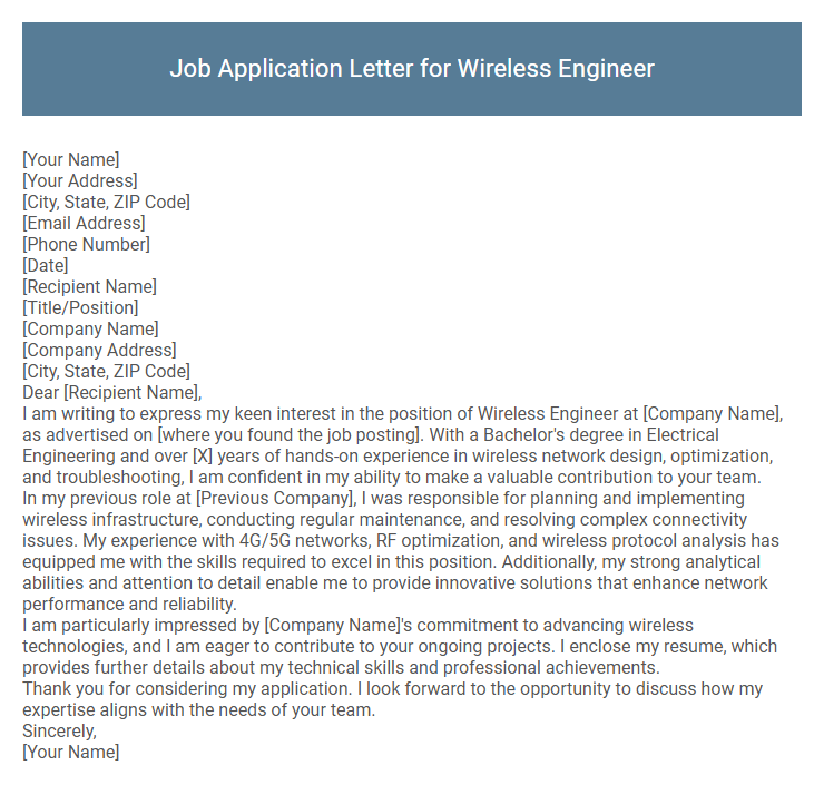 Job Application Letter for Wireless Engineer