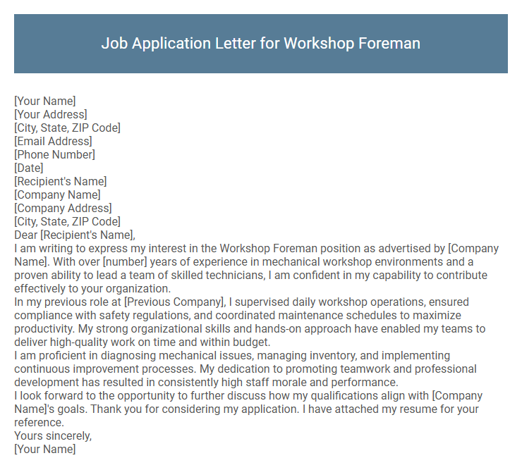 Job Application Letter for Workshop Foreman