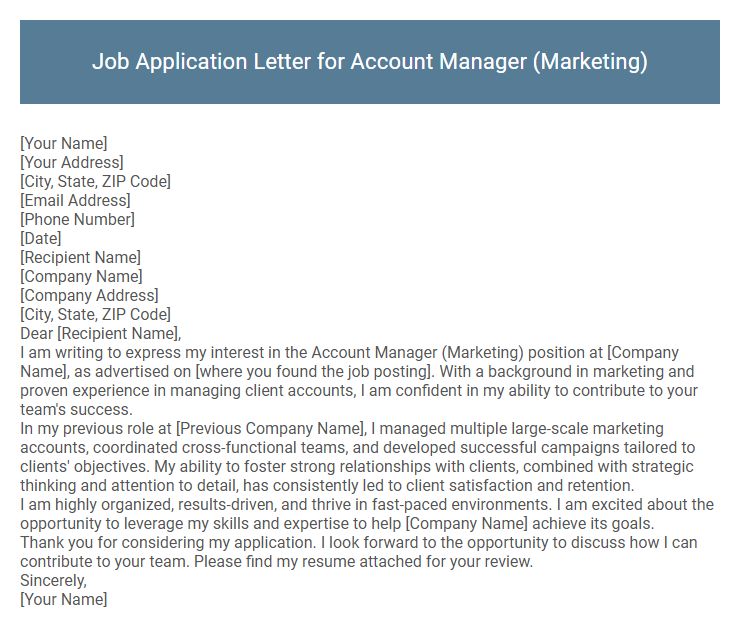 Job Application Letter for Account Manager (Marketing)