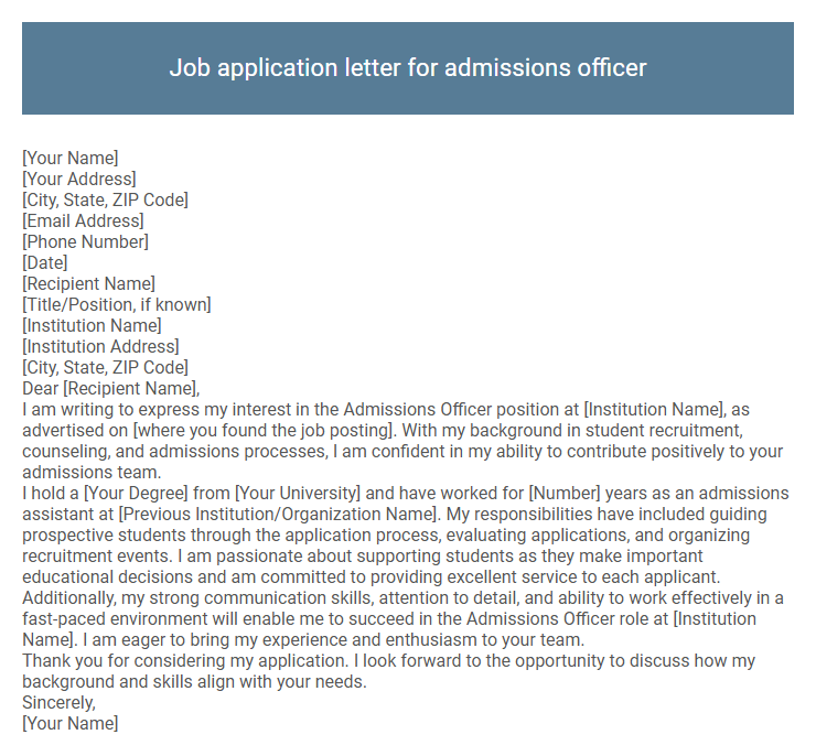 Job application letter for admissions officer