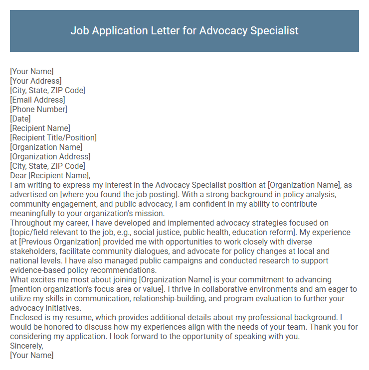 Job Application Letter for Advocacy Specialist