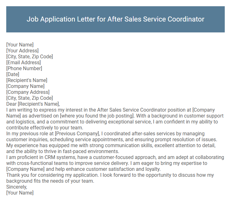 Job Application Letter for After Sales Service Coordinator