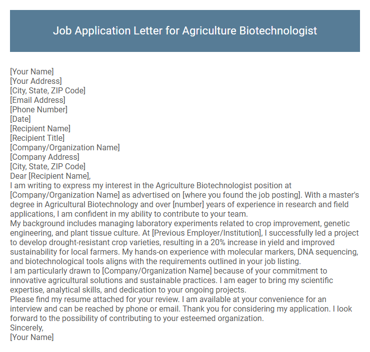 Job Application Letter for Agriculture Biotechnologist