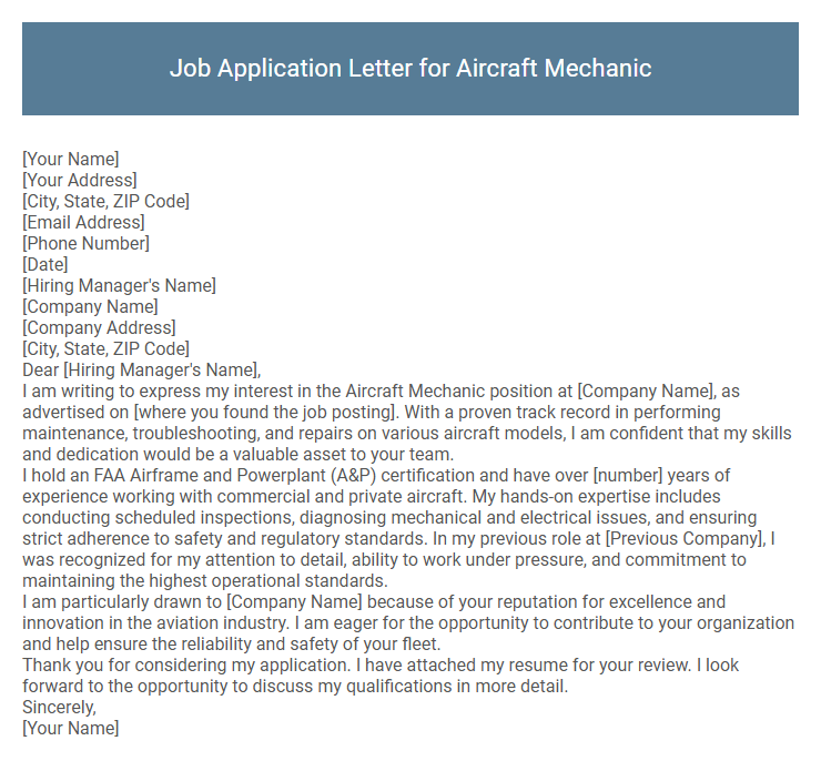 Job Application Letter for Aircraft Mechanic
