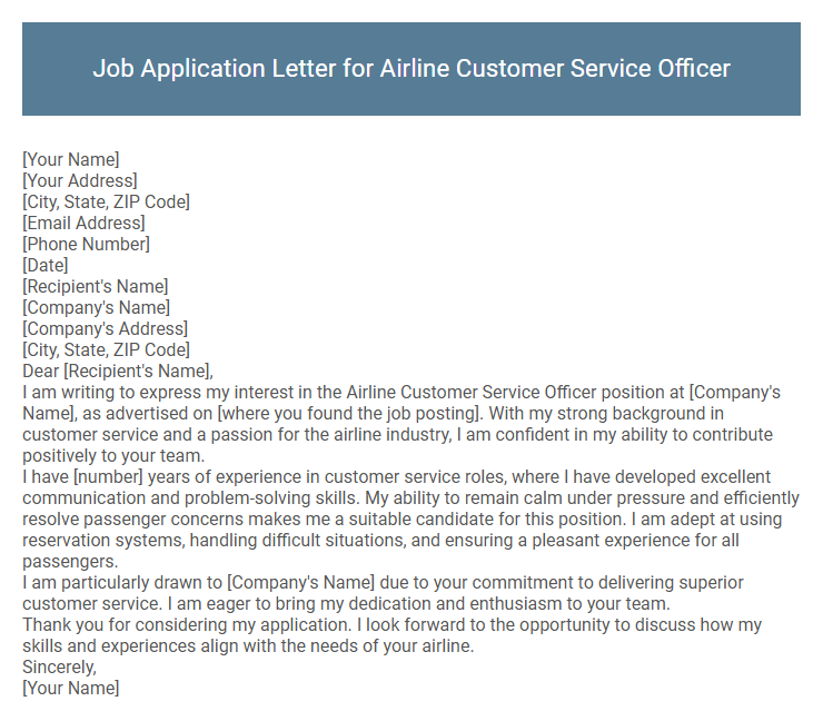 Job Application Letter for Airline Customer Service Officer