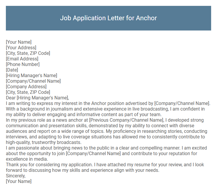 Job Application Letter for Anchor