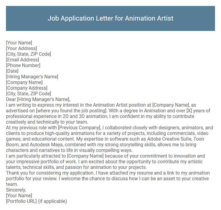 Job Application Letter for Animation Artist
