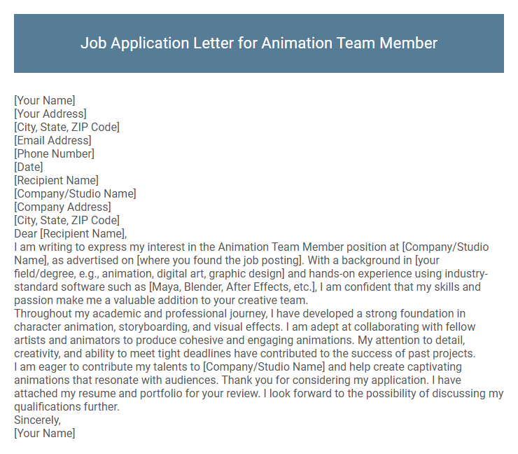 Job Application Letter for Animation Team Member
