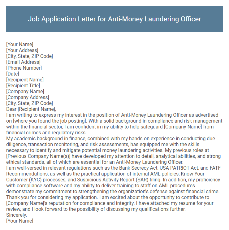 Job Application Letter for Anti-Money Laundering Officer