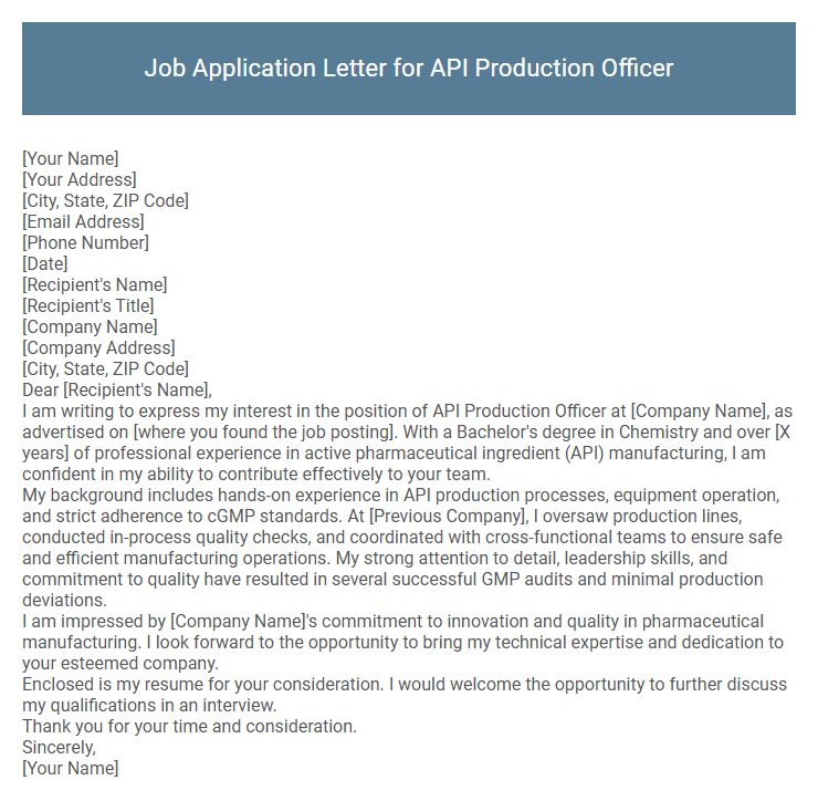 Job Application Letter for API Production Officer