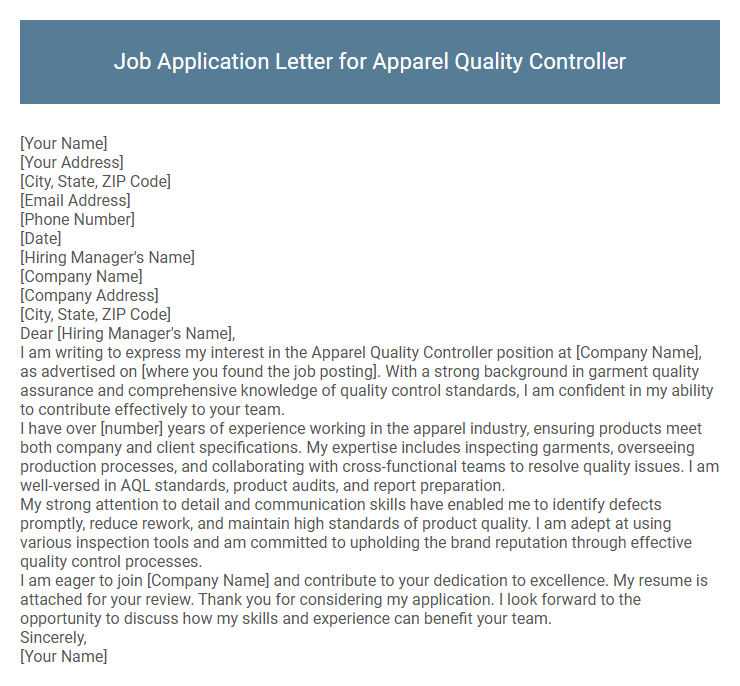Job Application Letter for Apparel Quality Controller
