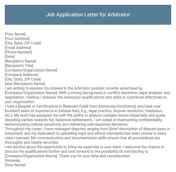 Job Application Letter for Arbitrator