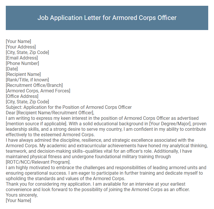 Job Application Letter for Armored Corps Officer