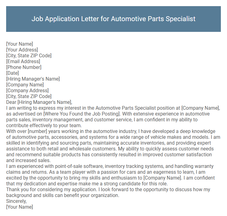 Job Application Letter for Automotive Parts Specialist