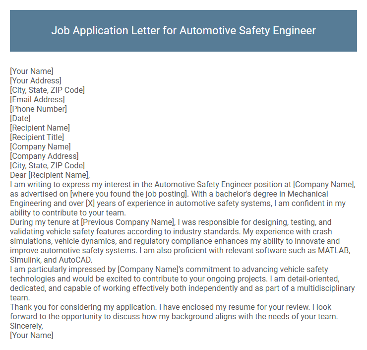 Job Application Letter for Automotive Safety Engineer