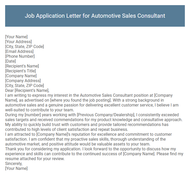 Job Application Letter for Automotive Sales Consultant