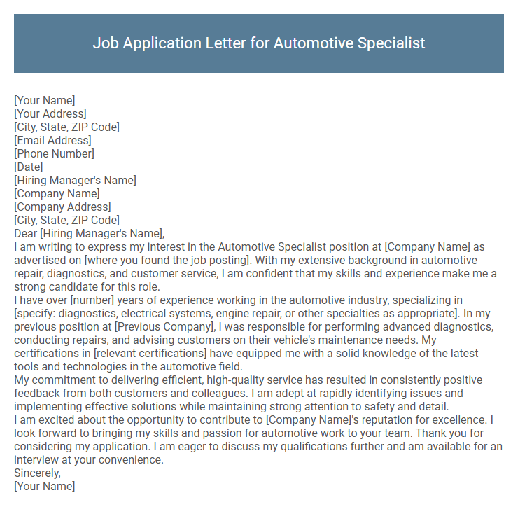 Job Application Letter for Automotive Specialist