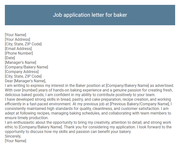 Job application letter for baker