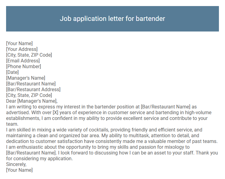 Job application letter for bartender