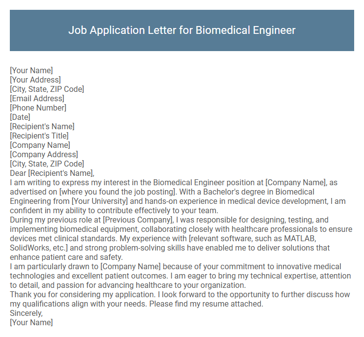 Job Application Letter for Biomedical Engineer