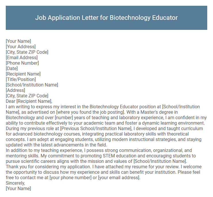 Job Application Letter for Biotechnology Educator