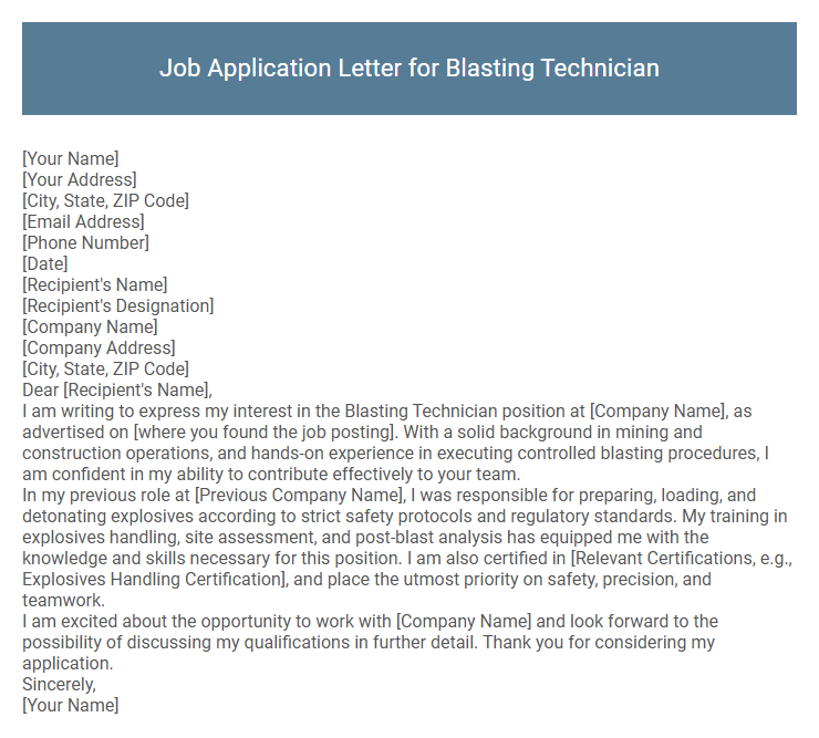 Job Application Letter for Blasting Technician