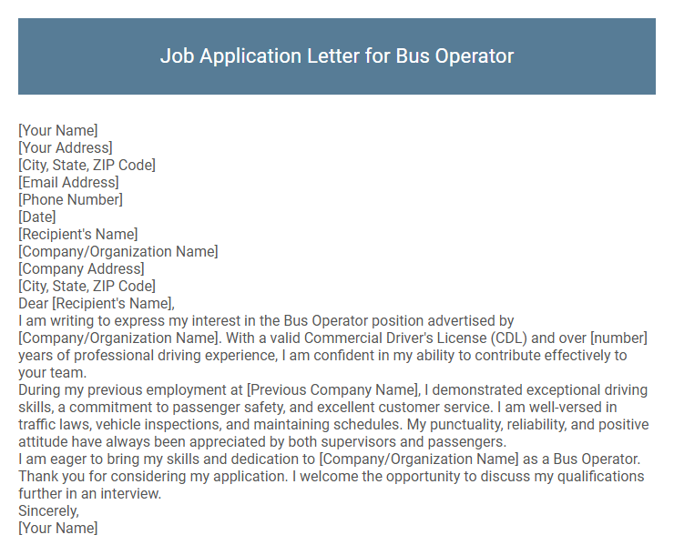 Job Application Letter for Bus Operator