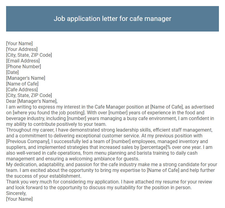 Job application letter for cafe manager
