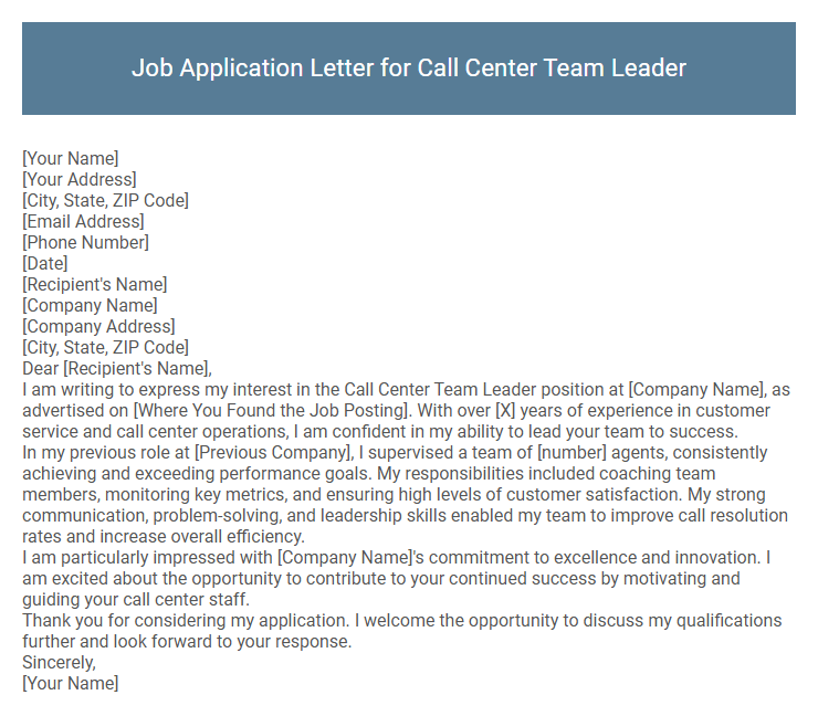 Job Application Letter for Call Center Team Leader