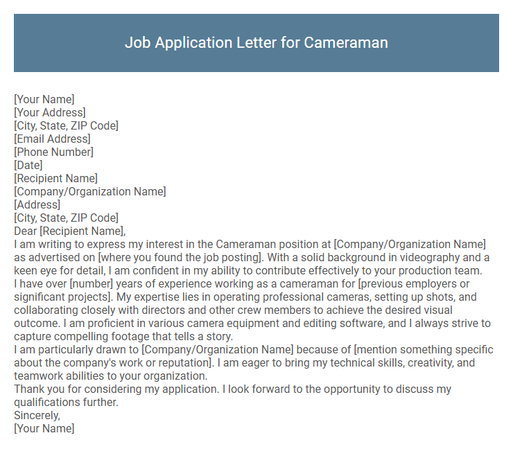Job Application Letter for Cameraman