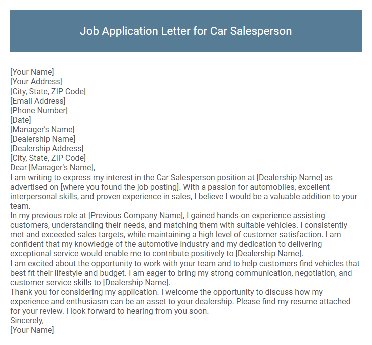 Job Application Letter for Car Salesperson