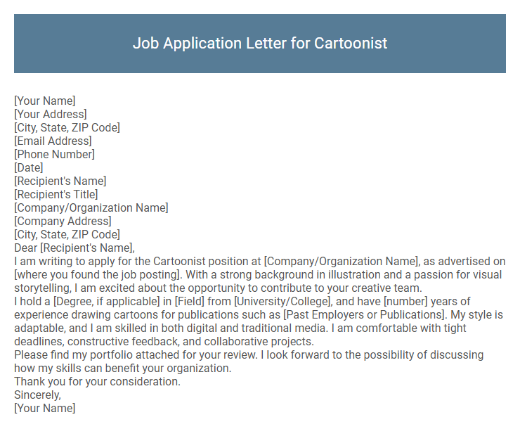 Job Application Letter for Cartoonist